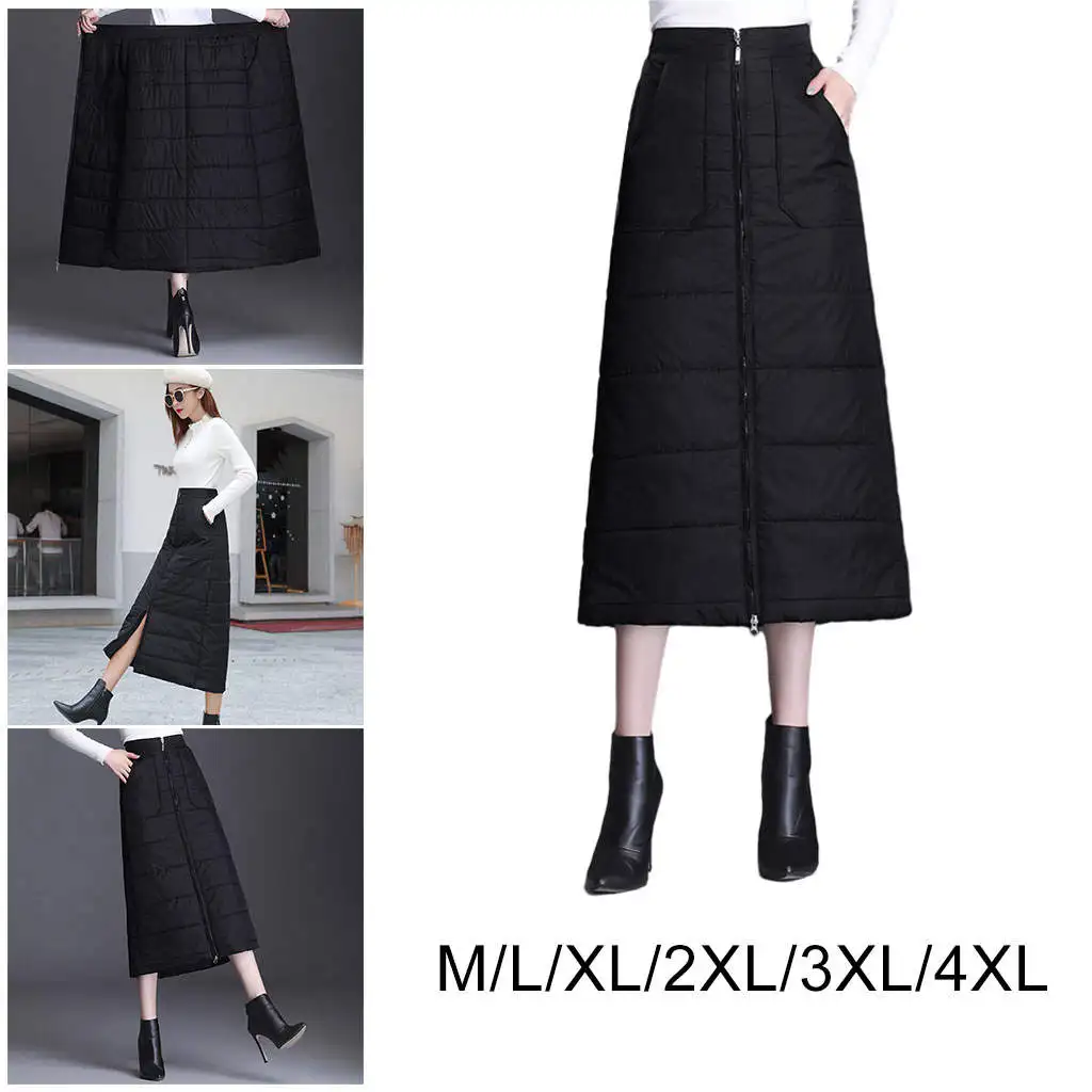 Women`s Skirts Fashion Winter Skirt Windproof Warm Zipper Long Skirt A-line Down Cotton Skirt Black One-Piece Skirt