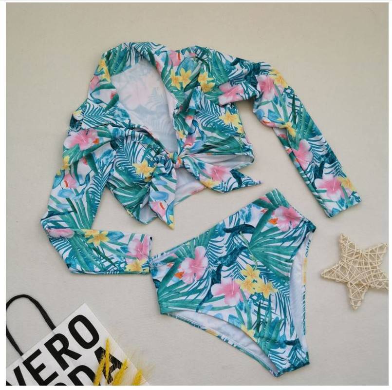 Maiô de Duas Peças de Banho Tamanho Grande Feminino Folha Impressão Monokini Cintura Alta Maiô 2021 Verão Manga Longa Beachwear S-5xl 10 S-5XL plus size maiô de duas peças