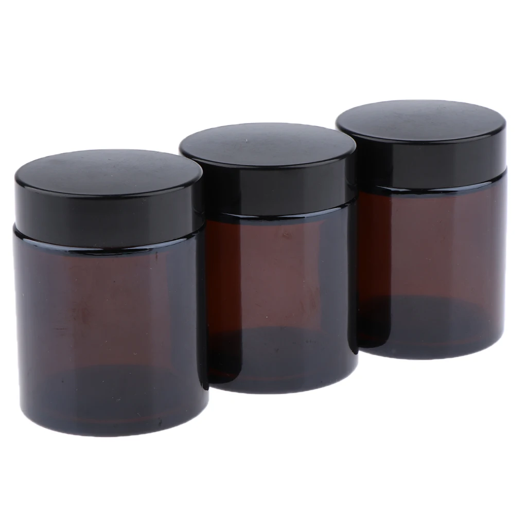 3Pcs 100ml Dark Brown Refillable Glass Cosmetic Containers Jars for Face Cream,