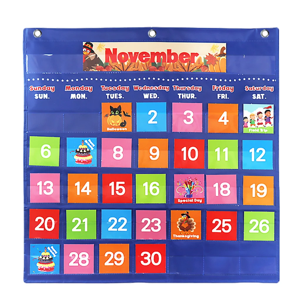 Learning Calendar Pocket Chart Illustrated Cards Day Week Monthly Chart Wall Hanging for Kids Educational Classroom Supplies