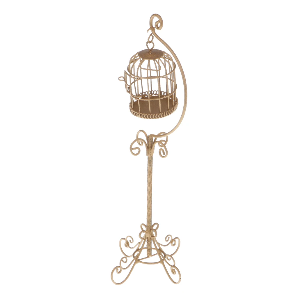 1:12 Scale Vintage Metal Bird Cage with Holder Stand Dollhouse Miniature for 12th Dolls House Decoration Accessories