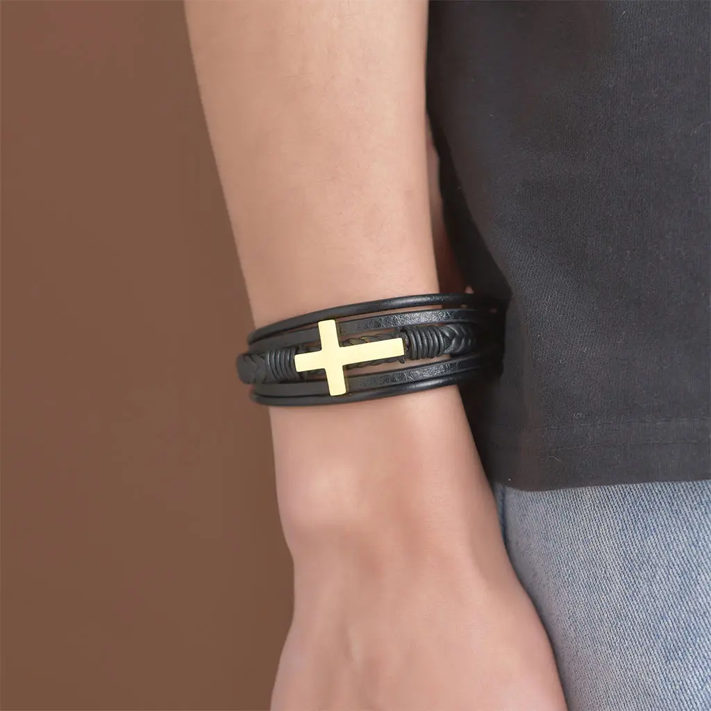 Bracelet Cross Bracelet Stainless Steel Cross Bangle Wristband Leather Band for Women Men Unisex