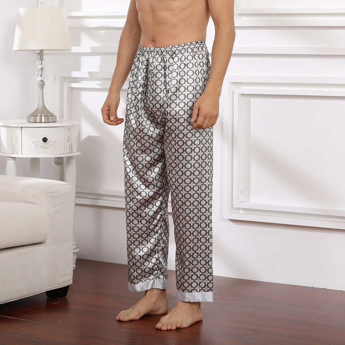 Plus Size Men's Ice Silk Sleep Pants Fashion Print Plaid Pajamas Casual Loose Home Bottom Luxury Silk Man Lounge Wear Trousers mens pajama pants