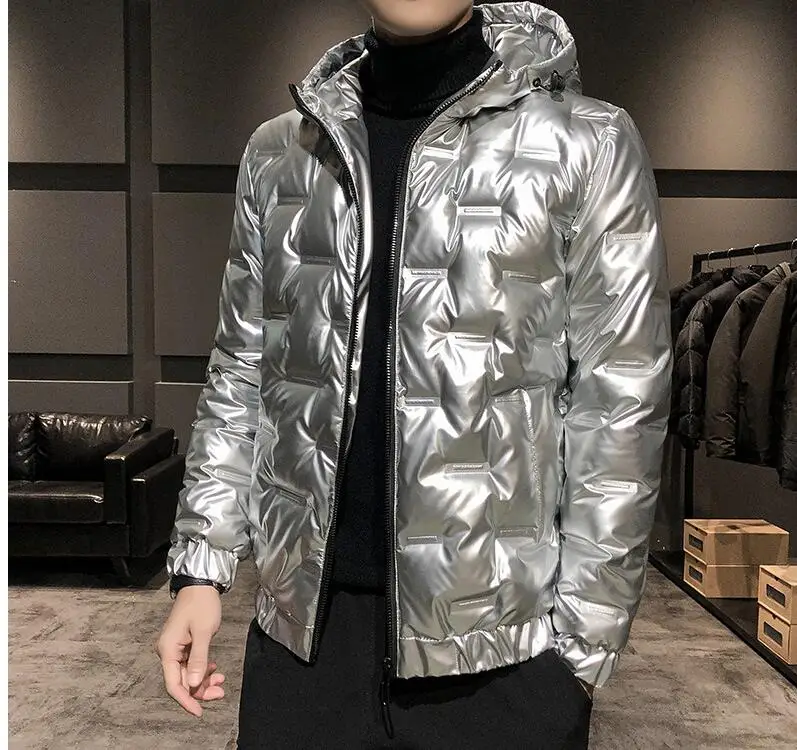 Fashion Warm Water Resistant Puffer Down Coat Parka Hoodies QTMD Mens Metallic Shiny Winter Quilted Padded Hooded Jacket 