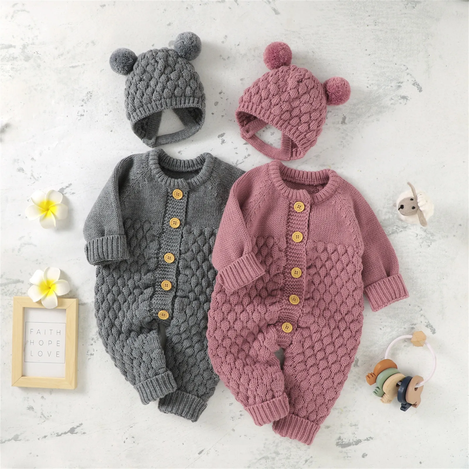 North edge Newborn Baby Knitted Cotton Romper Jumpsuit Outfits Bodysuit with hat Set 