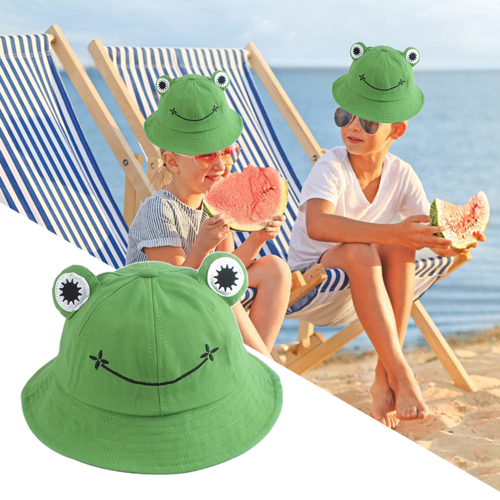 Cartoon Frog Bucket Hat Kids Children Cotton Fishing Cap Cute Froggy Hat Outdoor Fisherman Sun Hat
