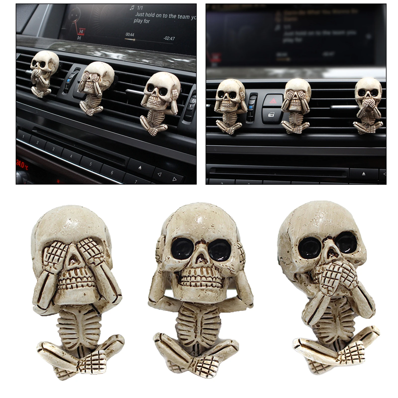 3 Piece Skull Statue Car Air Vent Clip Mount Skeleton Figurine Air Freshener