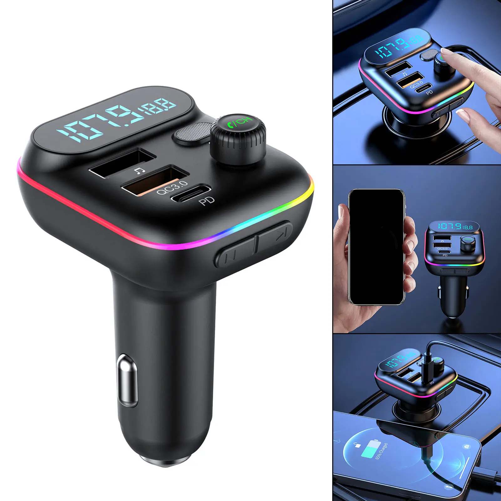 Car FM Transmitter PD20W 5V/3A USB QC3.0 Fast Charging MP3 Player U Disk Playback Voltage Display 7 Color Atmosphere Light