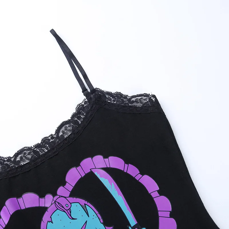 E-girl Gothic Grunge Print Cami Top Women Black Lace Trim Mini Vest y2k Harajuku Spaghetti Strap Crop Top Punk Emo Alt Clothes