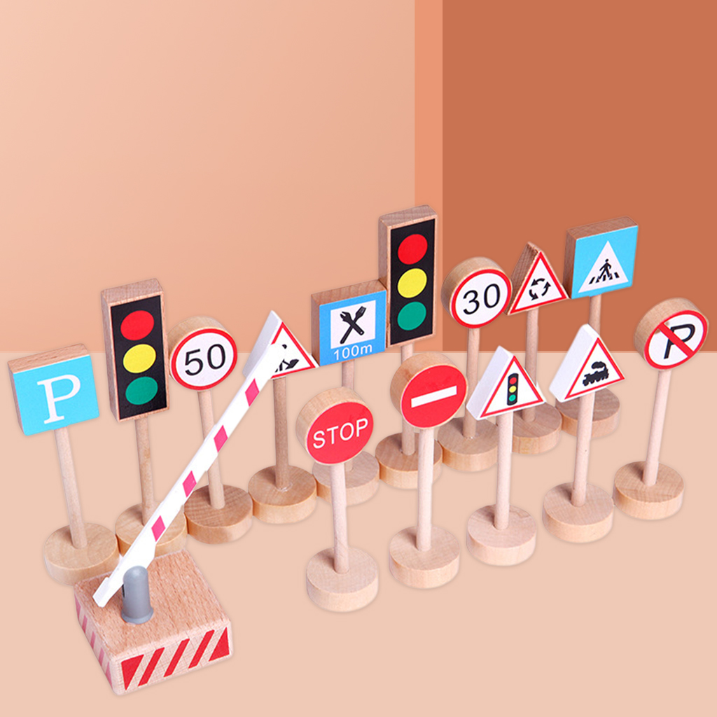 15Pcs Wood Crosswalk Road Sign Traffic Light Stop Light Signal Lights Practical Skills Birthday Party Pretend Play Toys