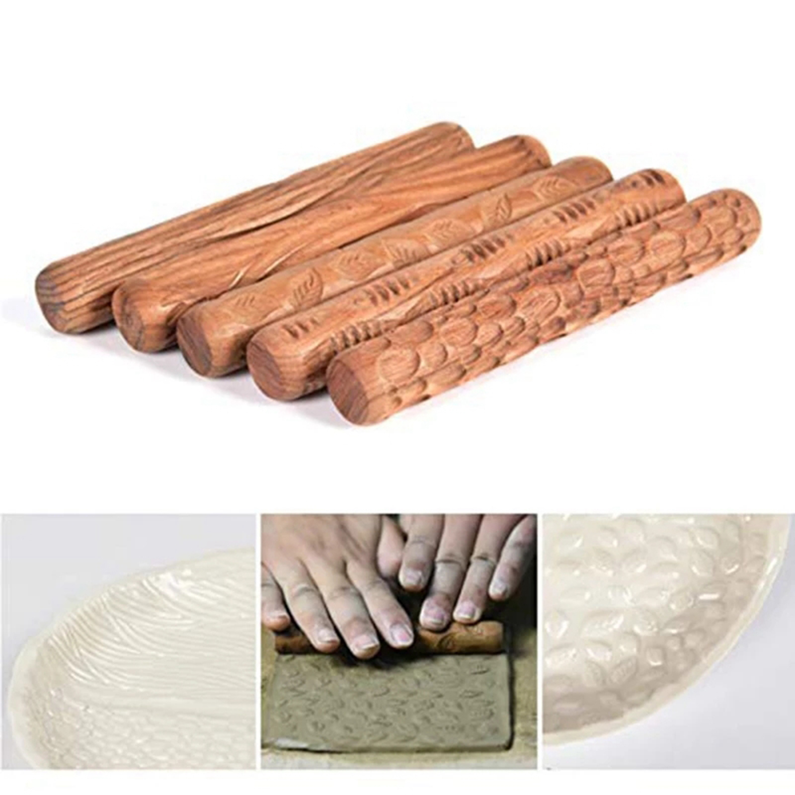 5pcs Clay Modeling Pattern Rollers Kit Pottery Wooden Handle Tools Set with Fish, Patterns, Leaves, Cobblestone, Weave Sticks