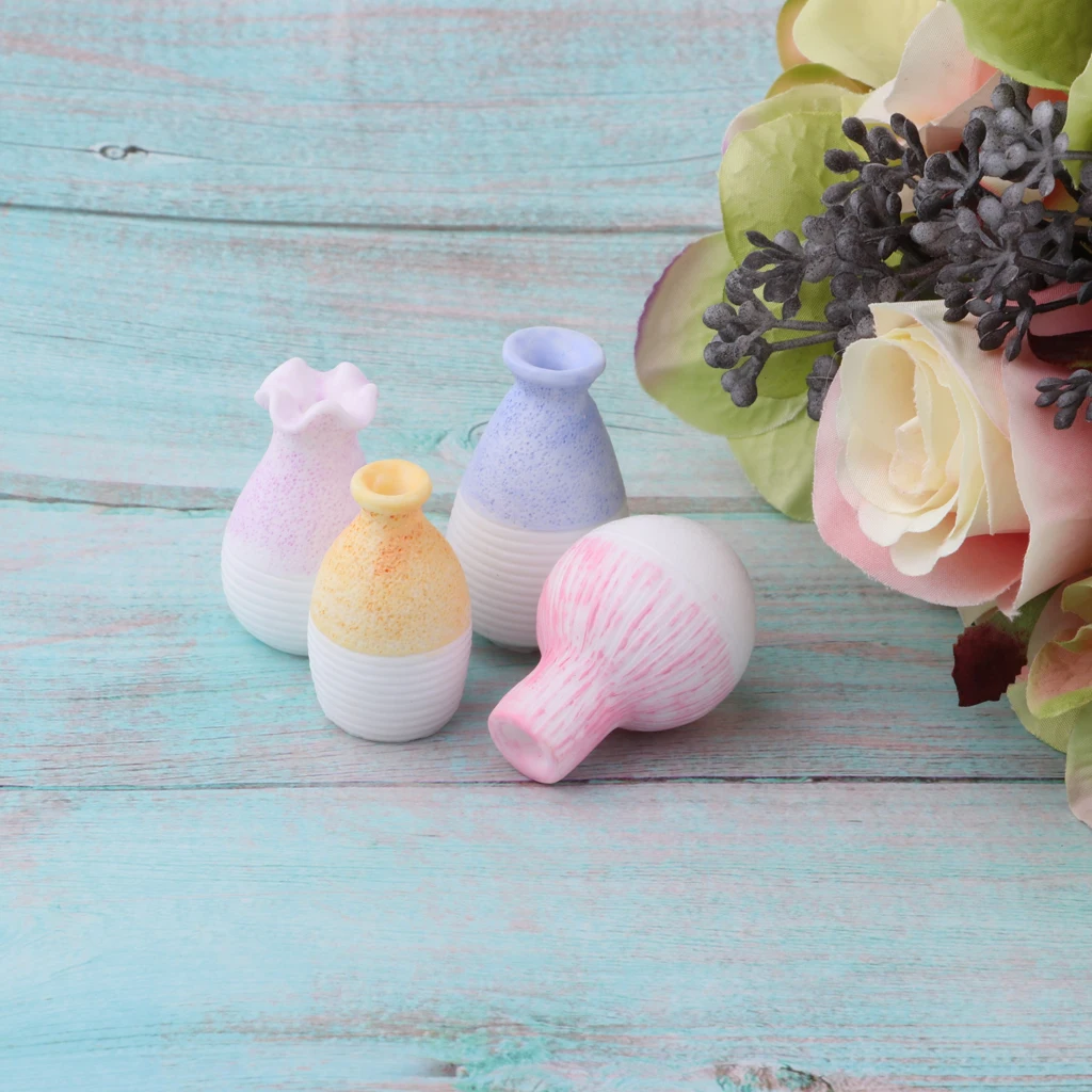 Dollhouse Miniatures Colourful Ceramic Porcelain Vases 4Pcs Set for 1/12 Scale Home Decoration Dollhouse Porcelain Vase