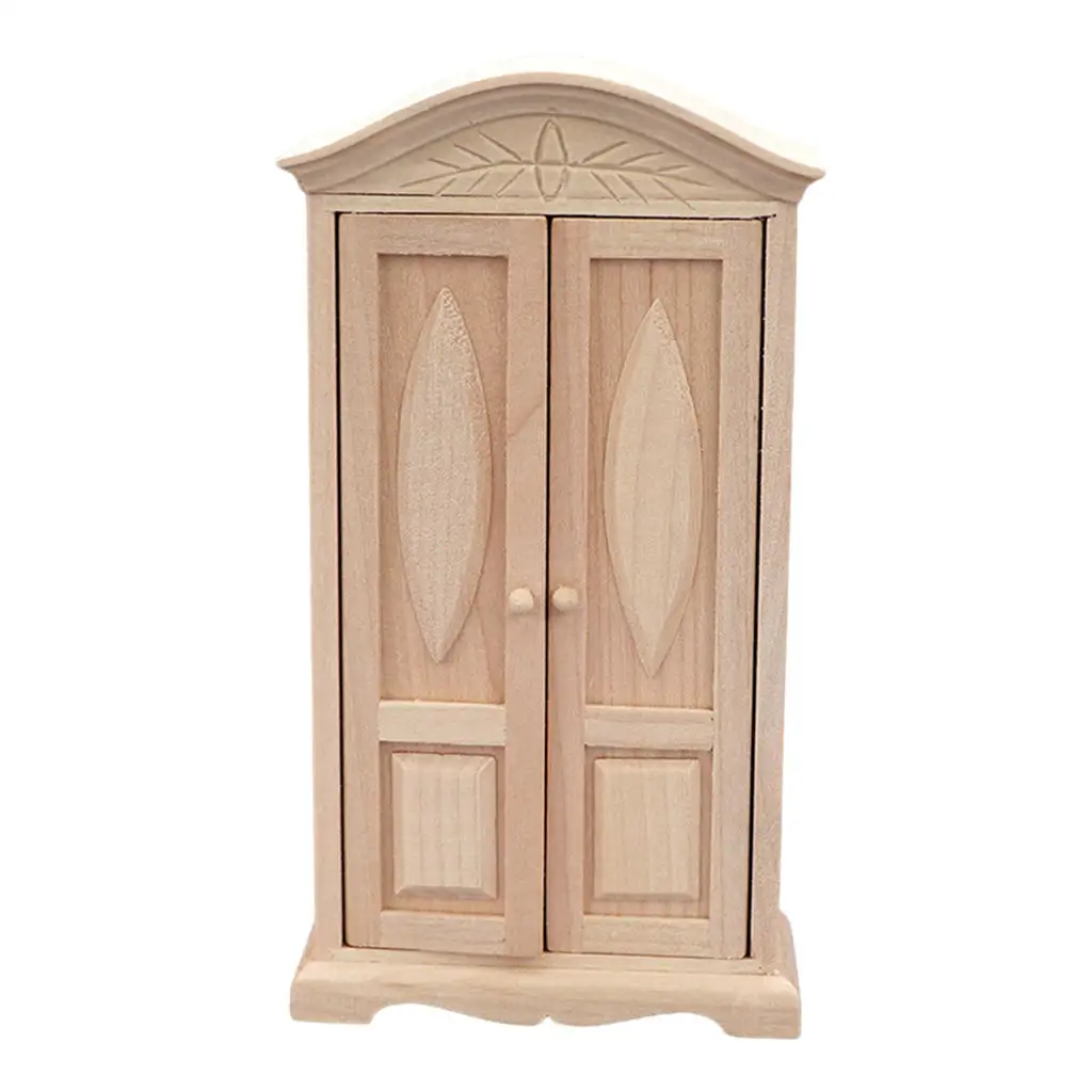 Mini 1/12 Dollhouse Wood Wardrobe Furniture Accessories Doll House Decration DIY Double Door Kids Gifts Girls Toy