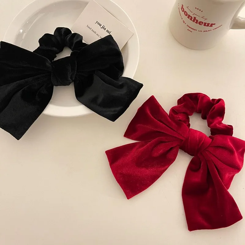 Women's Hair Accessories Retro French Velvet Bowknot Hair Scrunchies Streamer Bows Long Elastic Hair Bands Women Pontail Holder Elegant Ties Headwear bow hair clip