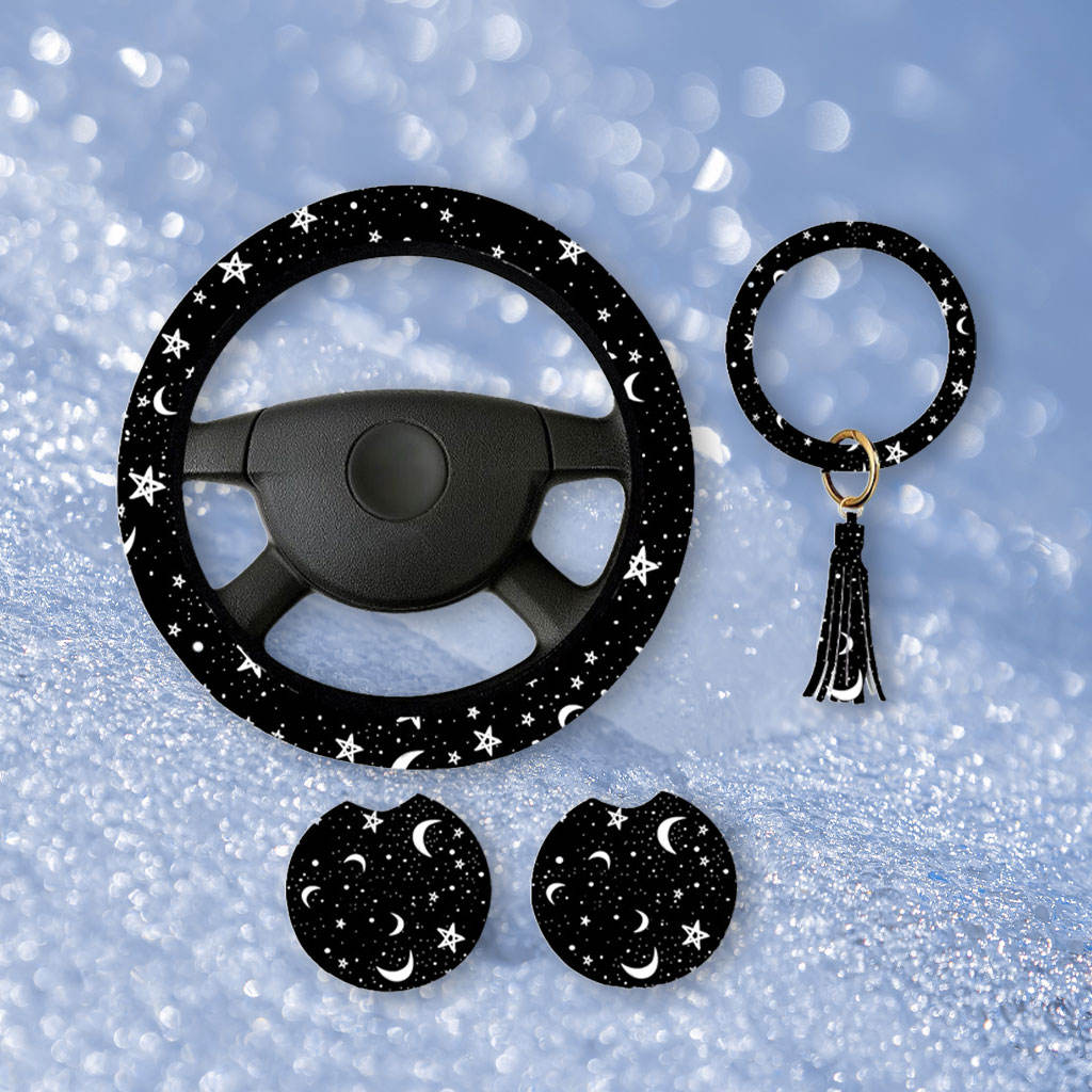 Steering Wheel Cover with 2 Coasters and Keyring Black Moons White Stars Print Anti-Slip Car Accessories Set for Truck