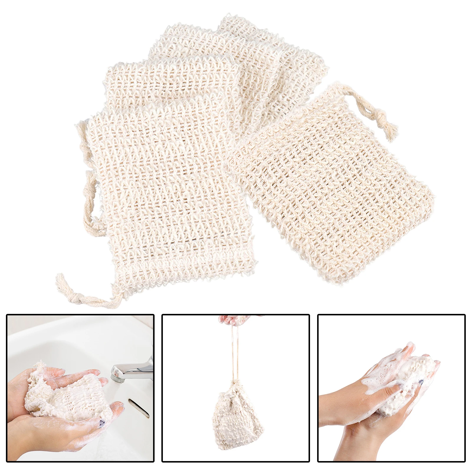 5Pcs Natural Ramie Exfoliate Soap Holder Bag Pouch with Drawstring Hand Made Soap Holder Foaming Drying