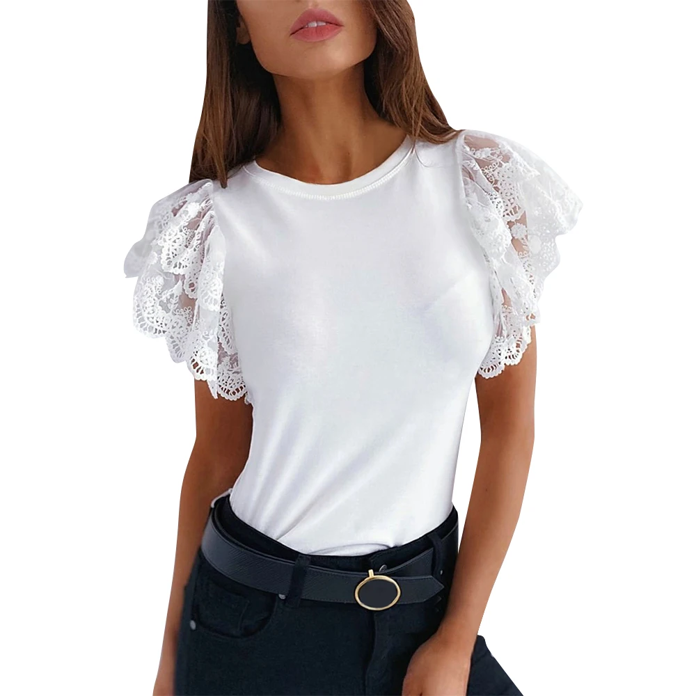 Summer Women Casual Ruffle Lace Short Sleeve Blouses Female Ladies Loose Casual Solid Color Holiday Blouse Top Outfits silk blouses