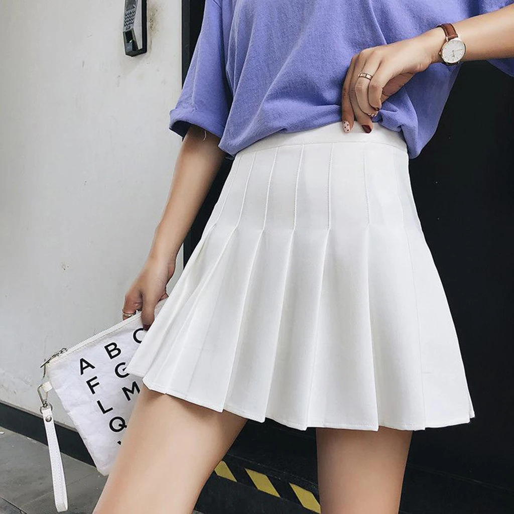 Women Girls Mini Skirt Short High Waist Plaid Solid Pleated Skater Tennis Skirt School Uniforms