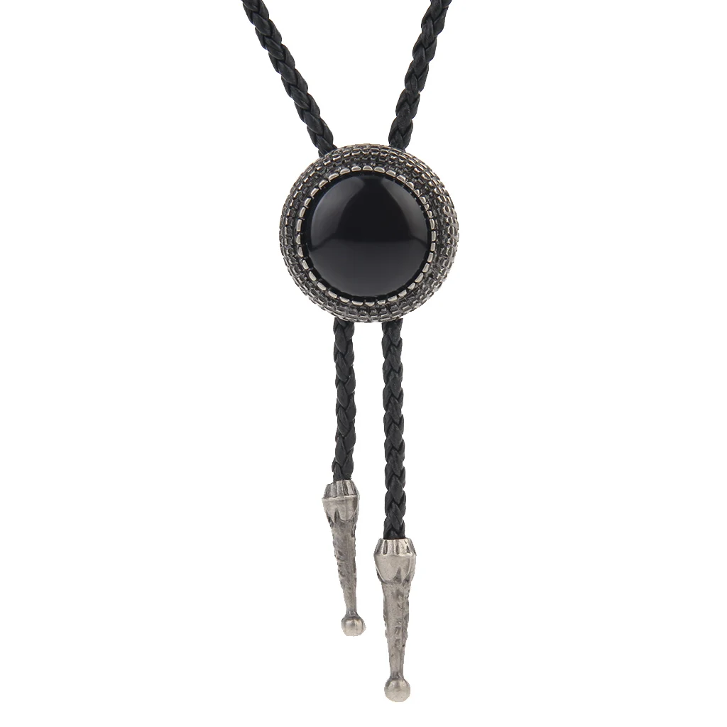 Black Acrylic Gem Stone Pendant Bolo Tie Western Bola Tie Necktie for Men