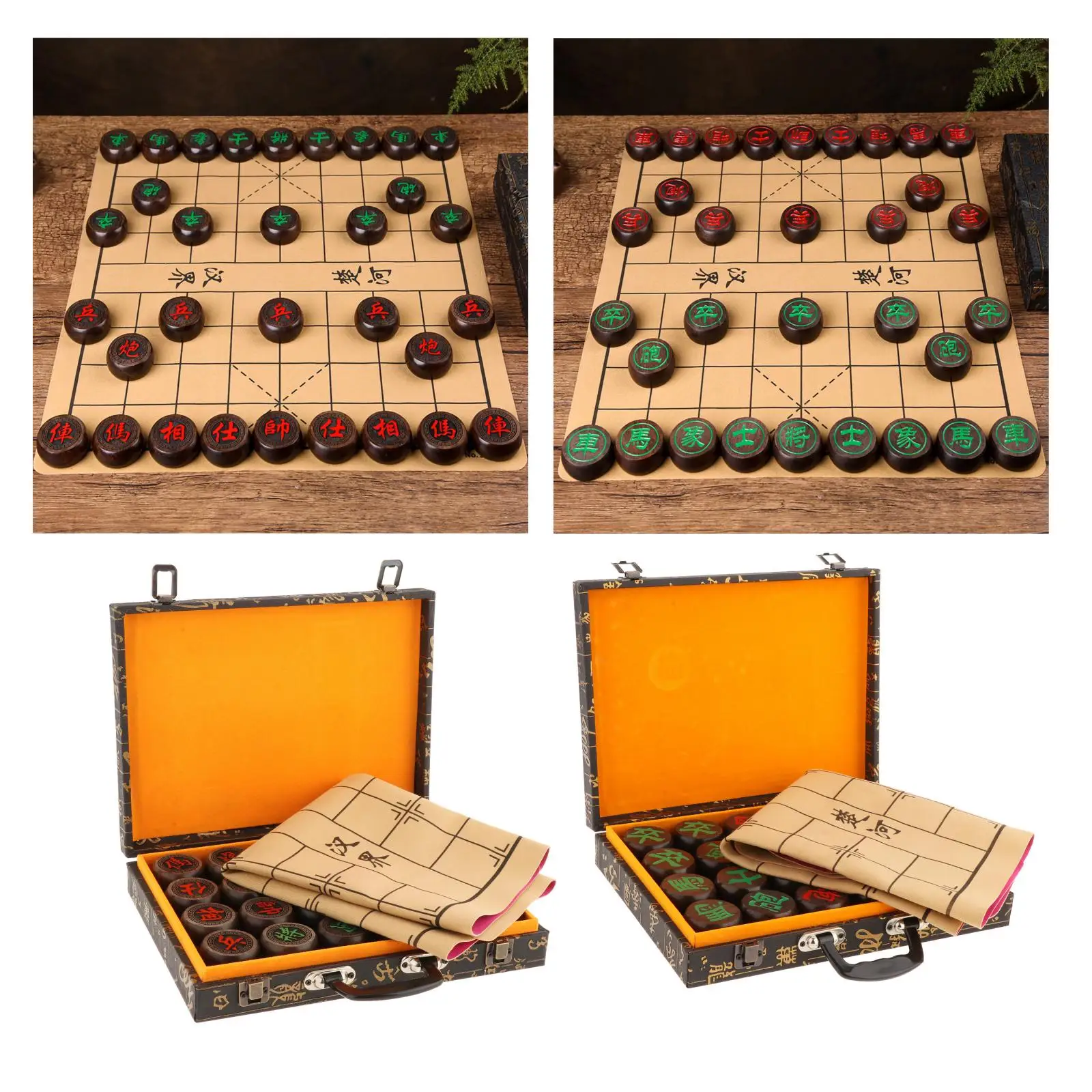 Ebony Wood Chinese Chess Set Family Xiangqi Tabletop Board Game