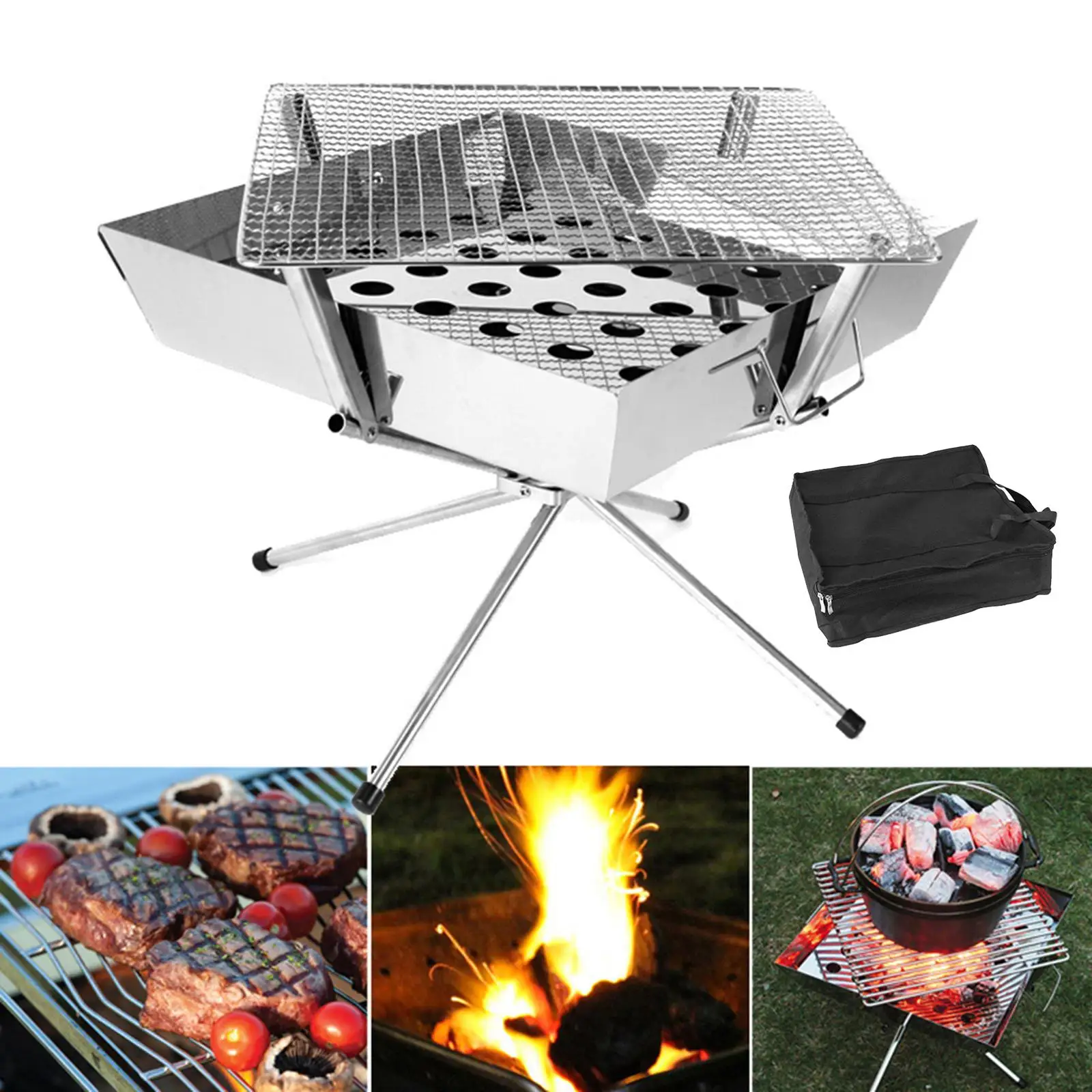 Outdoor Foldable Stainless Steel Firewood Furnace Burn Pit Stand Carbon Heating Stove Rack Platform Charcoal Camping Tool