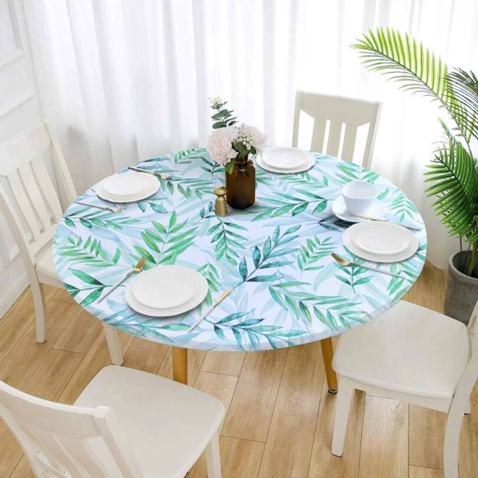 Fitted Table Cloth Water Resistance Dinner Table Cover Dust Proof Wipe Clean Plaid Table Cover Elastic Edged Large Round Table