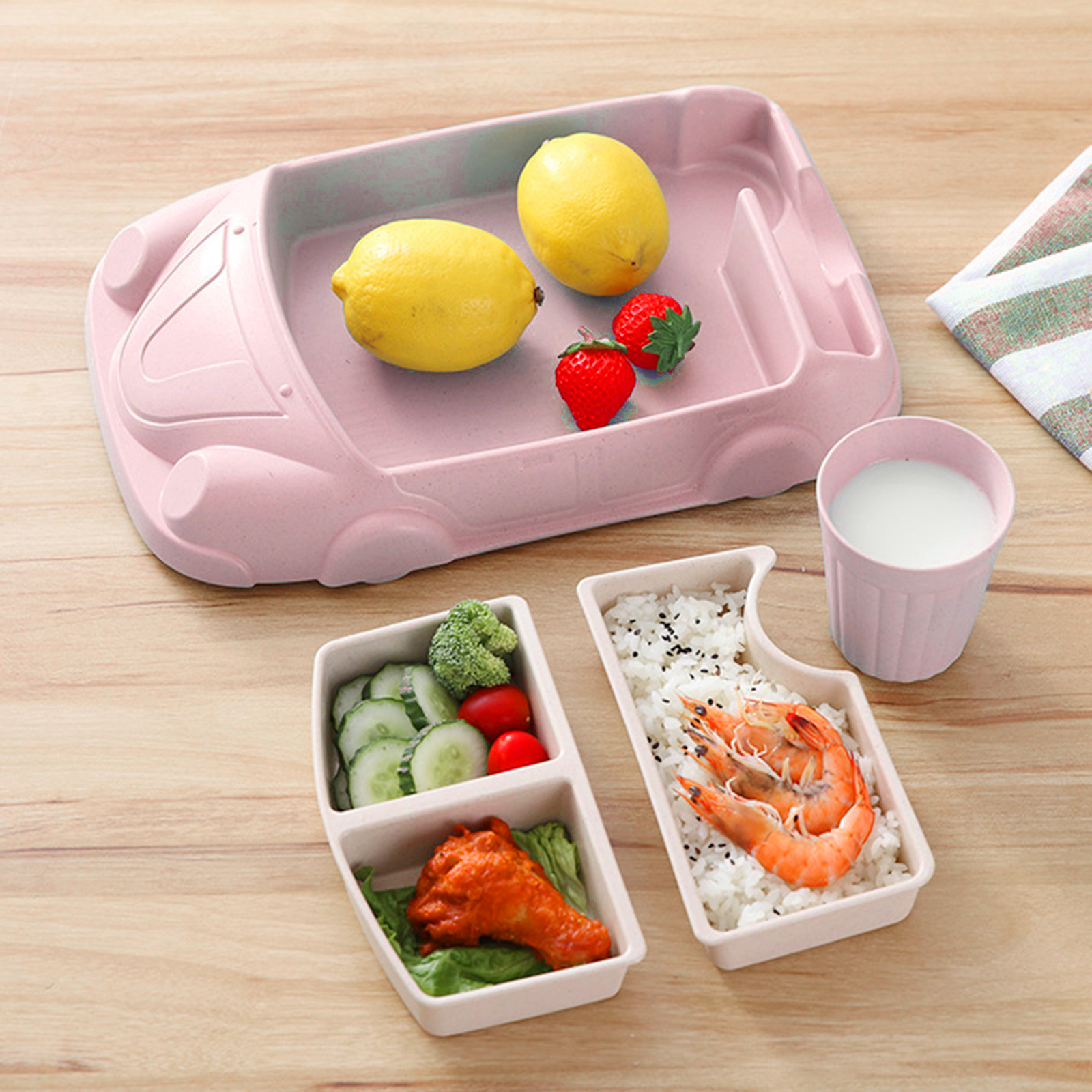 Cartoon Car-Shaped Bamboo Dinner Set 4 Piece Set for Kids and Toddlers Plate