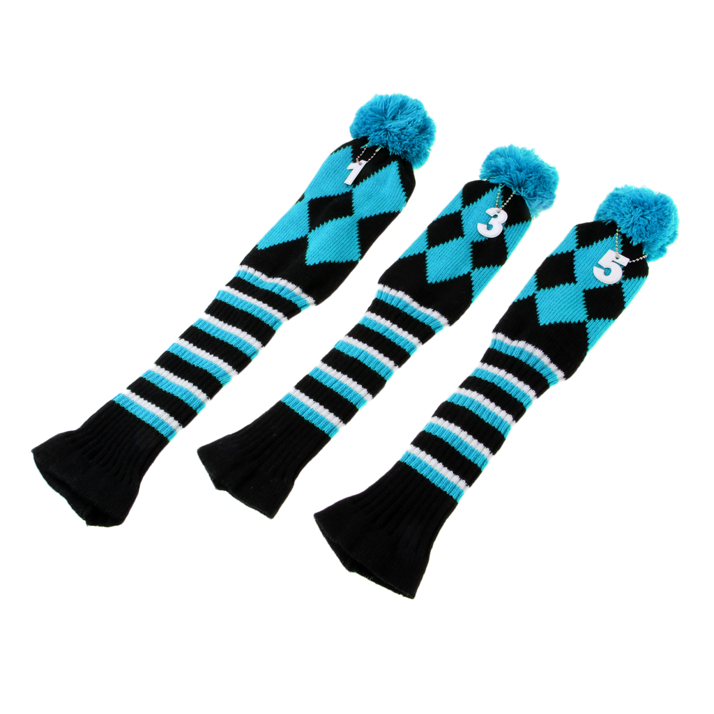 Set of 3 Vintage Golf Knitted Pom Pom Sock Covers 1-3-5 Golf Headcover For Dirver/Fairway Wood Long Neck Golf Club Headcovers
