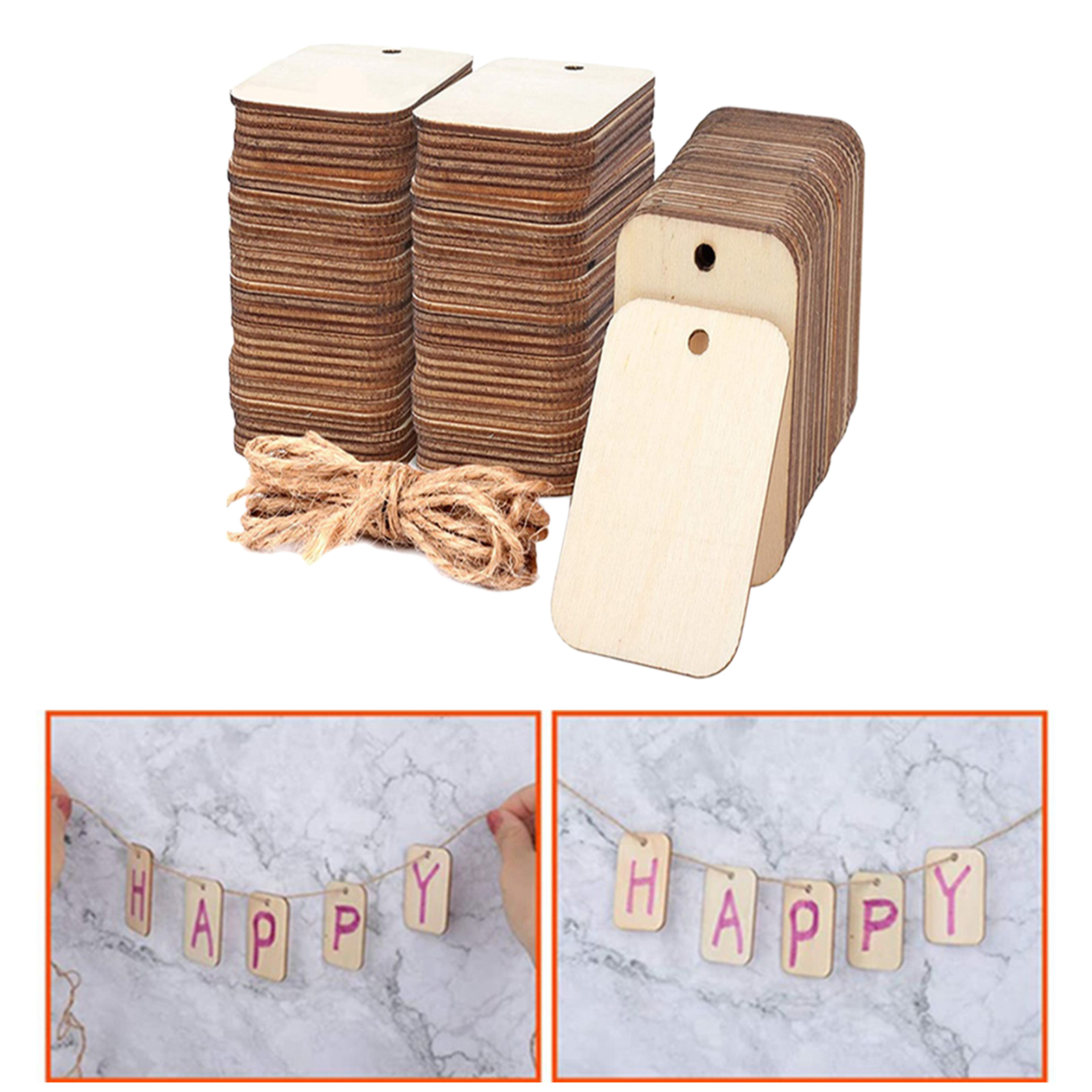 100Pcs Wood Pendant Decors Craft Natural Wooden Board with Holes Unfinished Wood Pendant for DIY Birthday Party Holiday