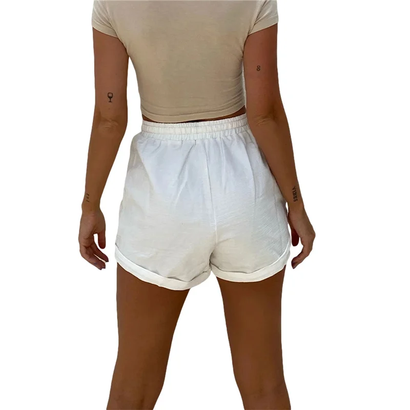 Women's Casual Loose Summer Shorts Elastic Waist Solid Color Rolled Cuff Loose Short Pants with Pockets Black/White/khaki workout clothes for women