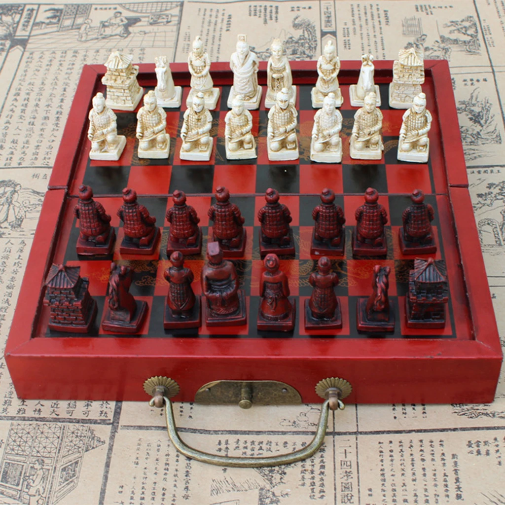 Set Chinese Chess Set Folding Warriors In  Cotta Wooden Resin Red Board
