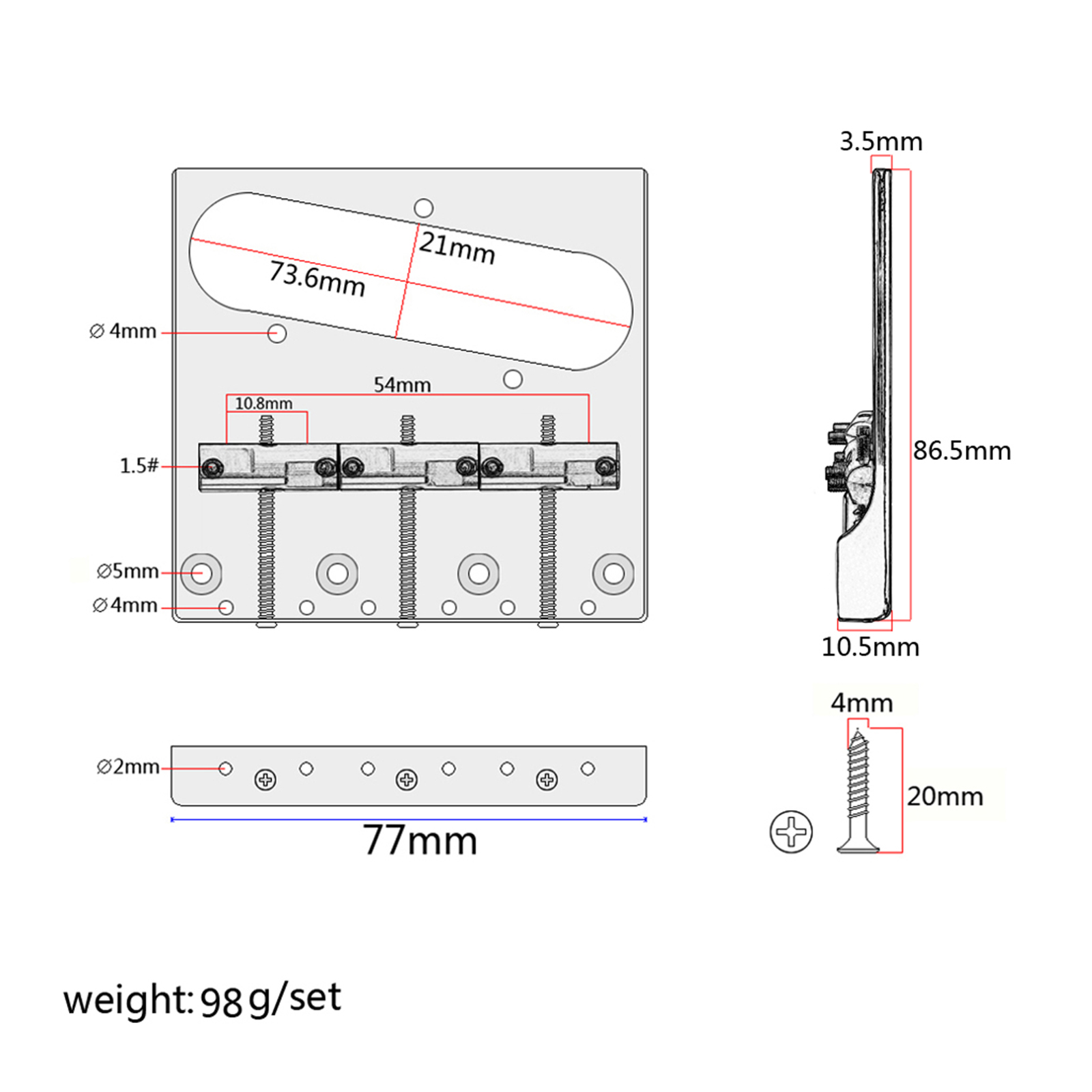 Compensated 3-Saddle Bridge for TL-Style Guitar, Chrome for Electric Guitar Parts
