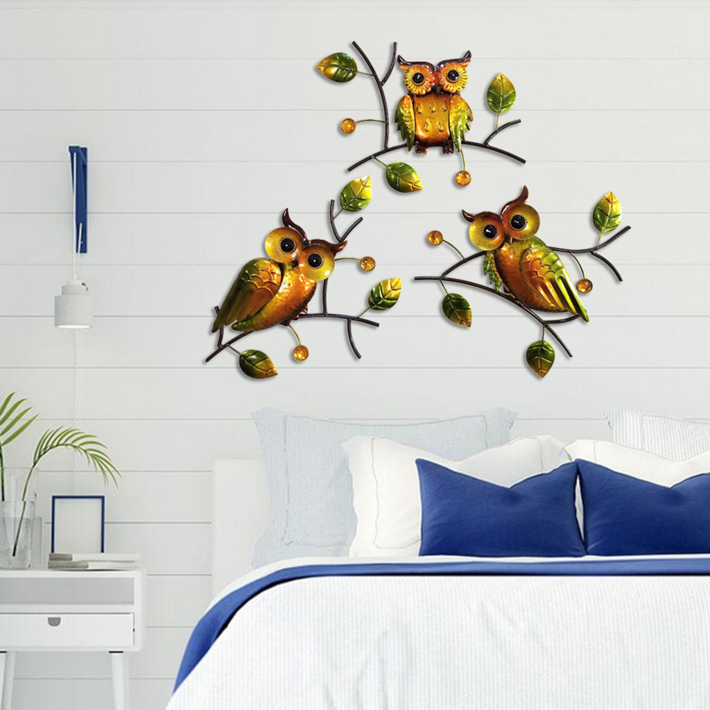 3pcs Wall Hanging Metal Owl Sculpture Wall Art Decor, Nursery Kid's Room Bas