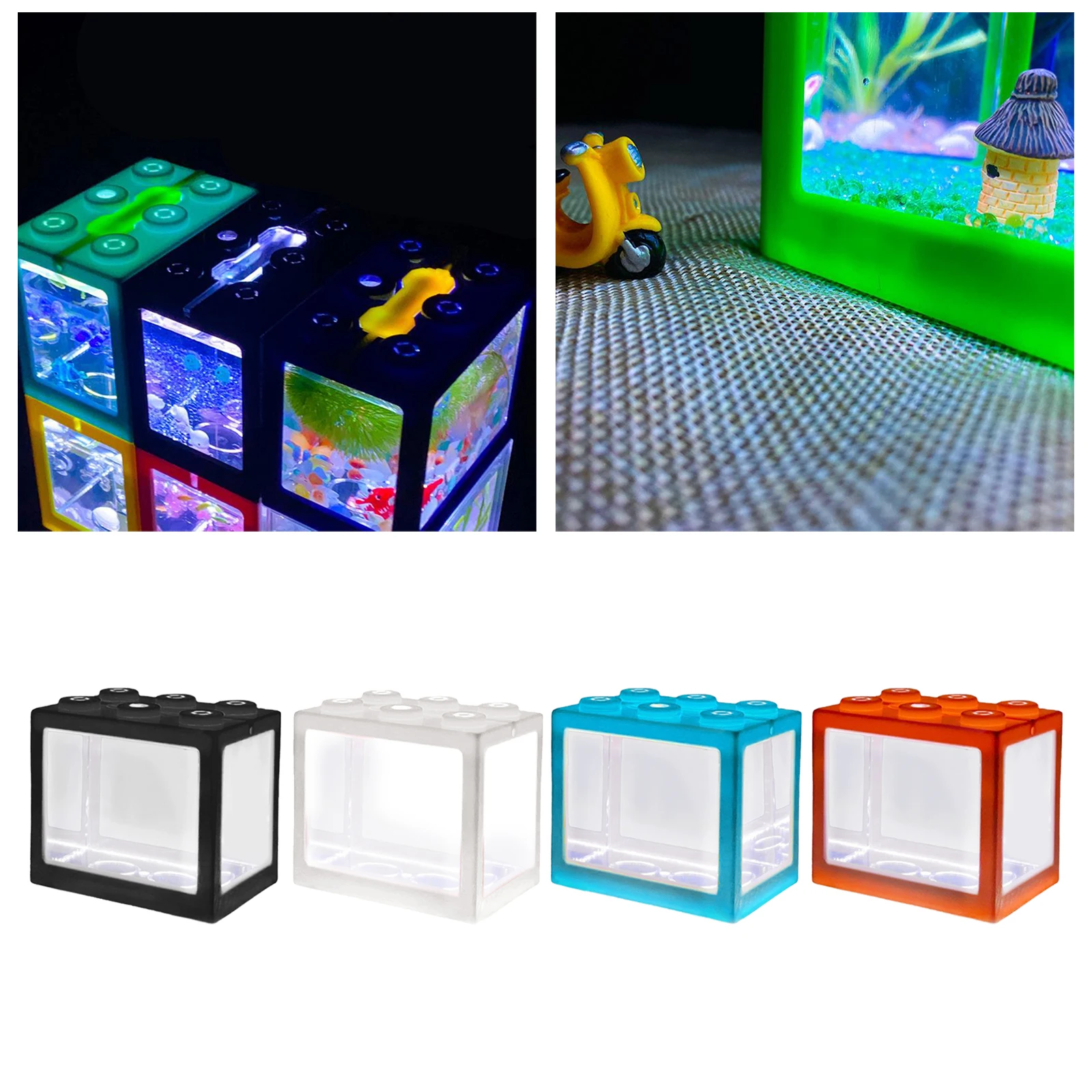 Mini Fish Tanks Betta Fish Tank Aquarium Tank Building Block Fish Bowl Office Table Decoration Home Decor LED Light Feeding Box