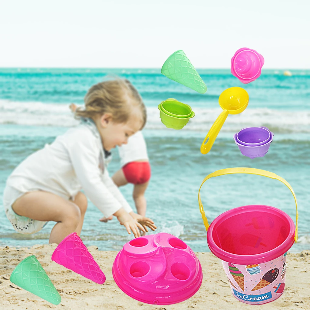 8pcs/set Kids Plastic Beach Bucket Ice Cream Moulds Play Toy Set Summer Activity Toys for Kids 3-6 Years Old