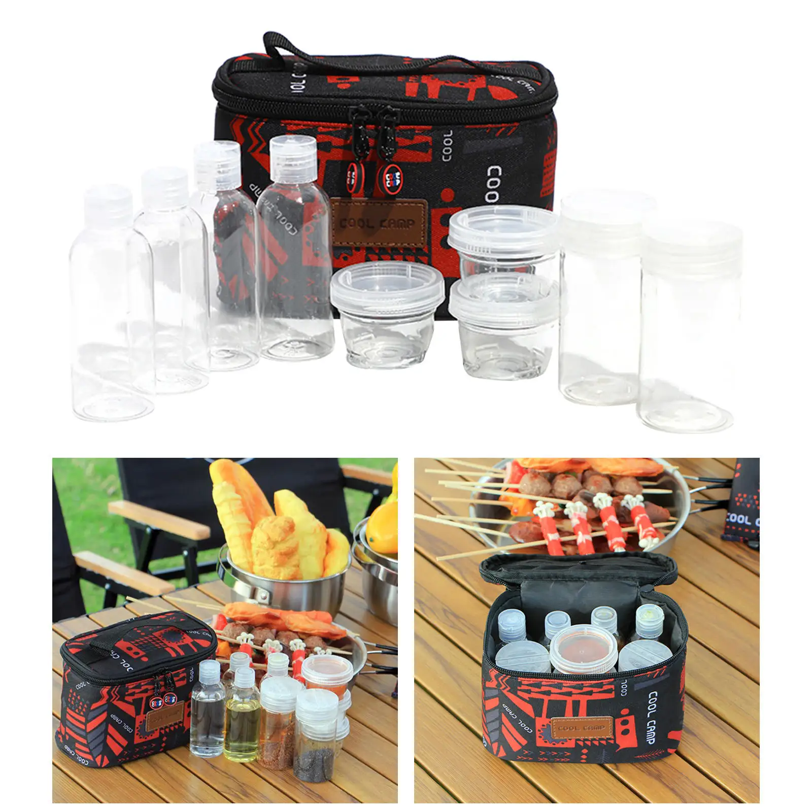 Camping Spice Jars with Carry Bag Sauce Storage PET Plastic Condiment See-through Bottle Container for Picnic Outdoor BBQ
