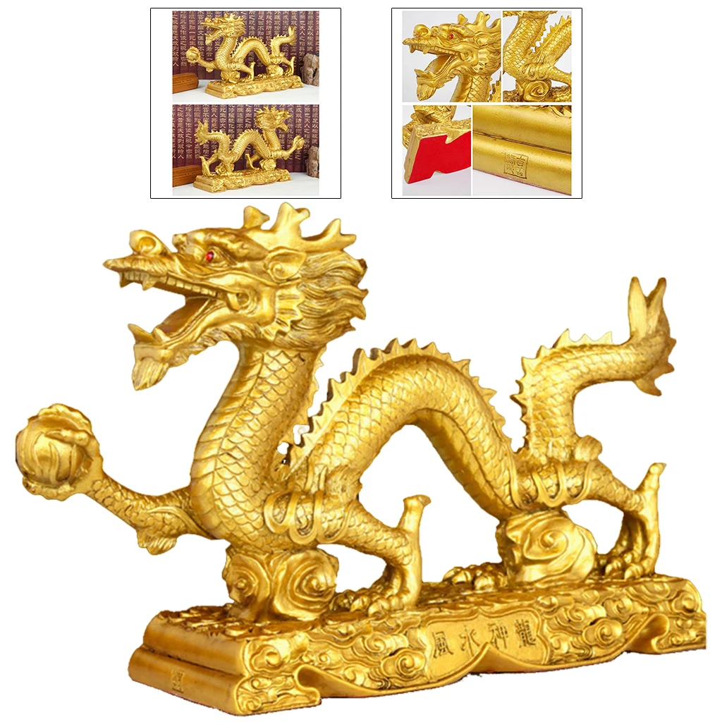 Chinese Dragon Figurine Golden Statue Home Office for Wealth Luck Collection