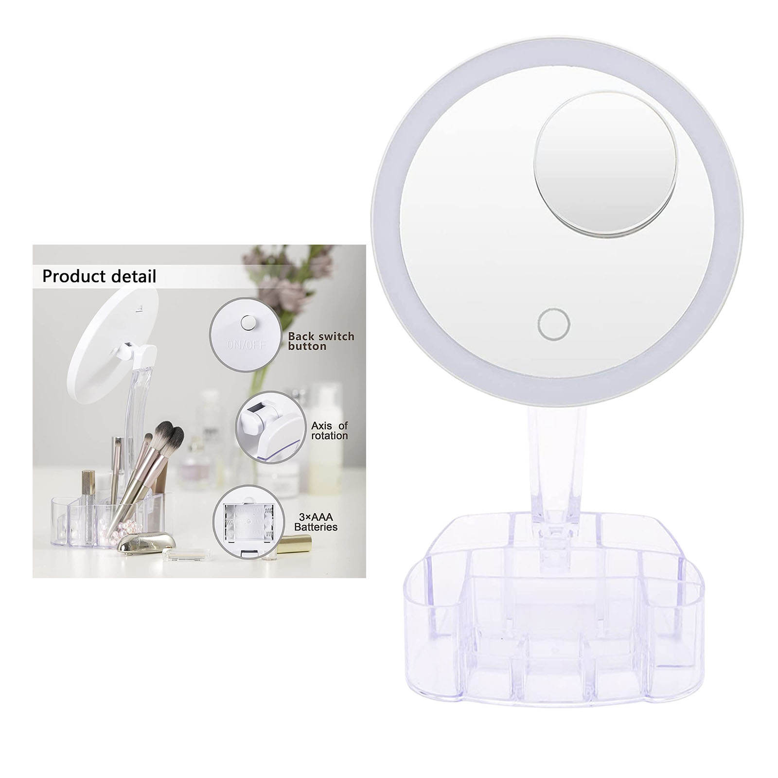 Makeup Mirrors w/ Storage Box Dimming Vanity w/ Detachable 10X Magnification Touch Screen Powered by Battery