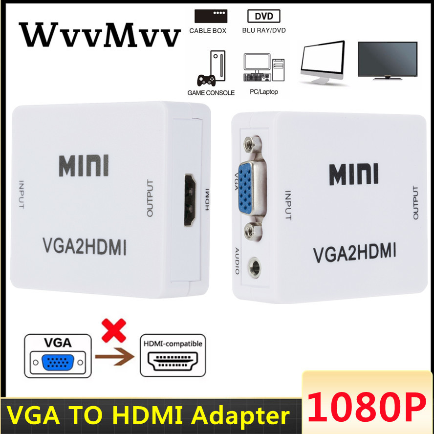 Мини-конвертер VGA-HDMI-совместимый, VGA2HDMI, видео-бокс, аудиоадаптер  1080P для ноутбука, ПК, HD ТВ проектора, ТВ, портативный