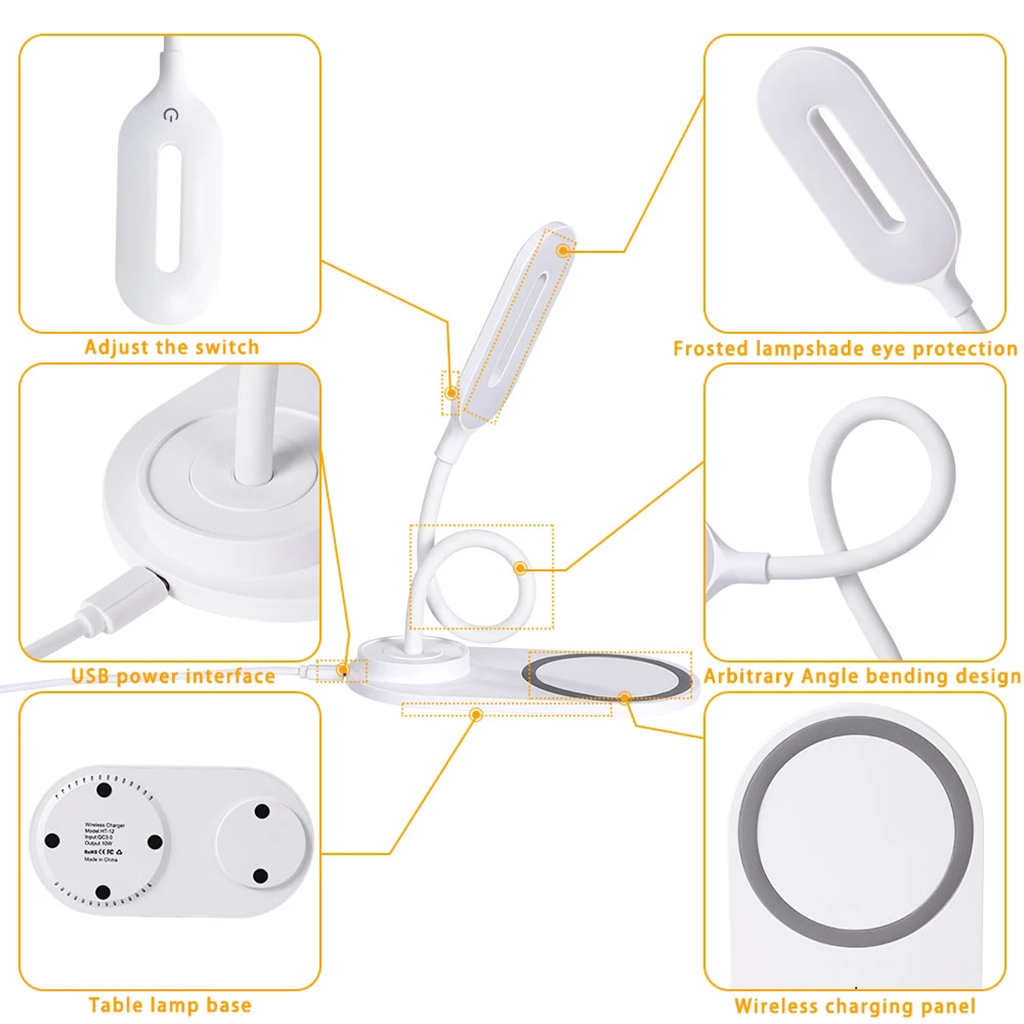 7 IN 1 QI Wireless Charging LED Desk Lamp 10W With USB Charging Port,Calendar Temperature Alarm Clock Reading Light Table Lamp 