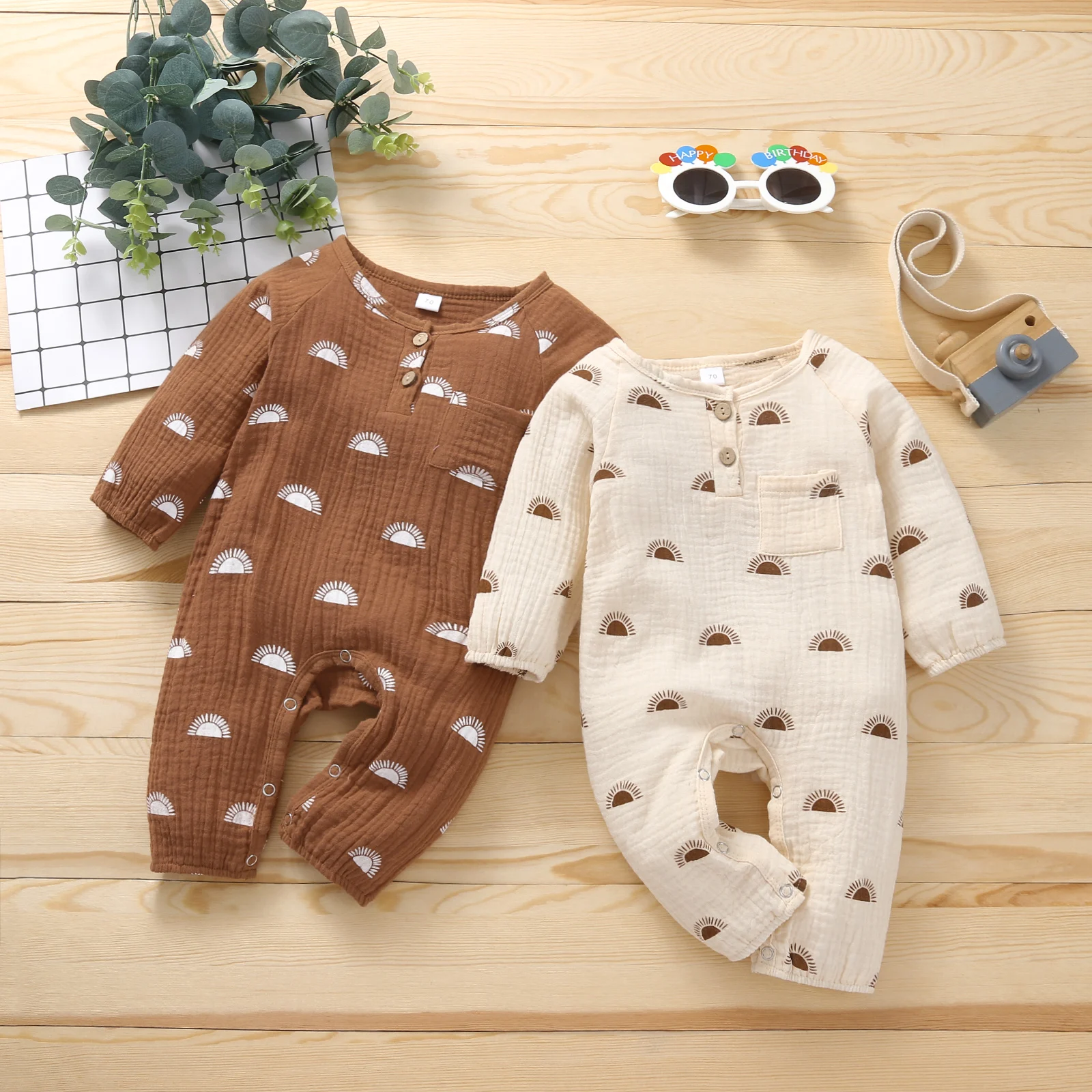 Baby Bodysuits Fur Children Baby Girls Boys Button Jumpsuit Toddlers Spring Autumn Sun Printing Playsuits Front Pocket Long Sleeve Cotton Romper customised baby bodysuits