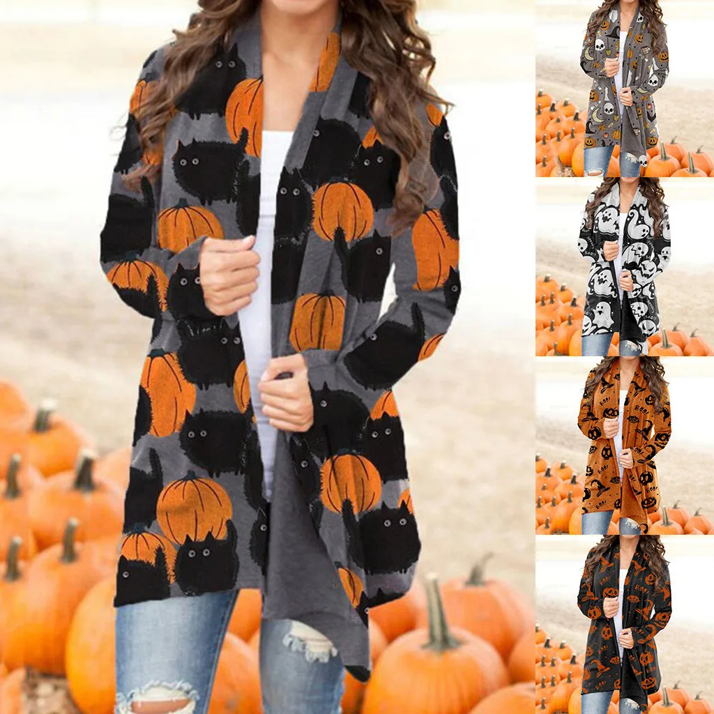 Halloween Cardigan Sweaters for Women,Women Long Sleeve Striped Cute Pumpkin Black Cat Ghost Lightweight Coat 