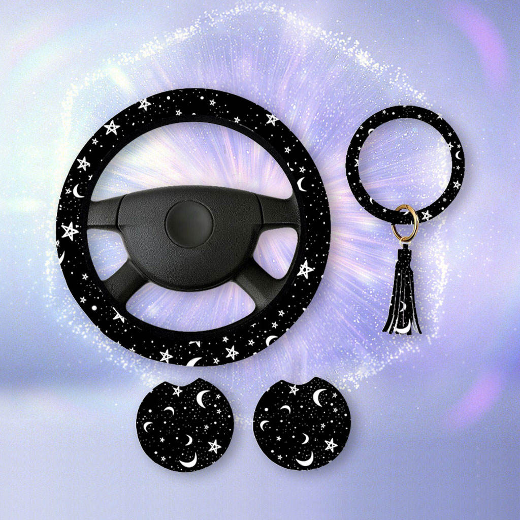 Steering Wheel Cover with 2 Coasters and Keyring Black Moons White Stars Print Anti-Slip Car Accessories Set for Truck