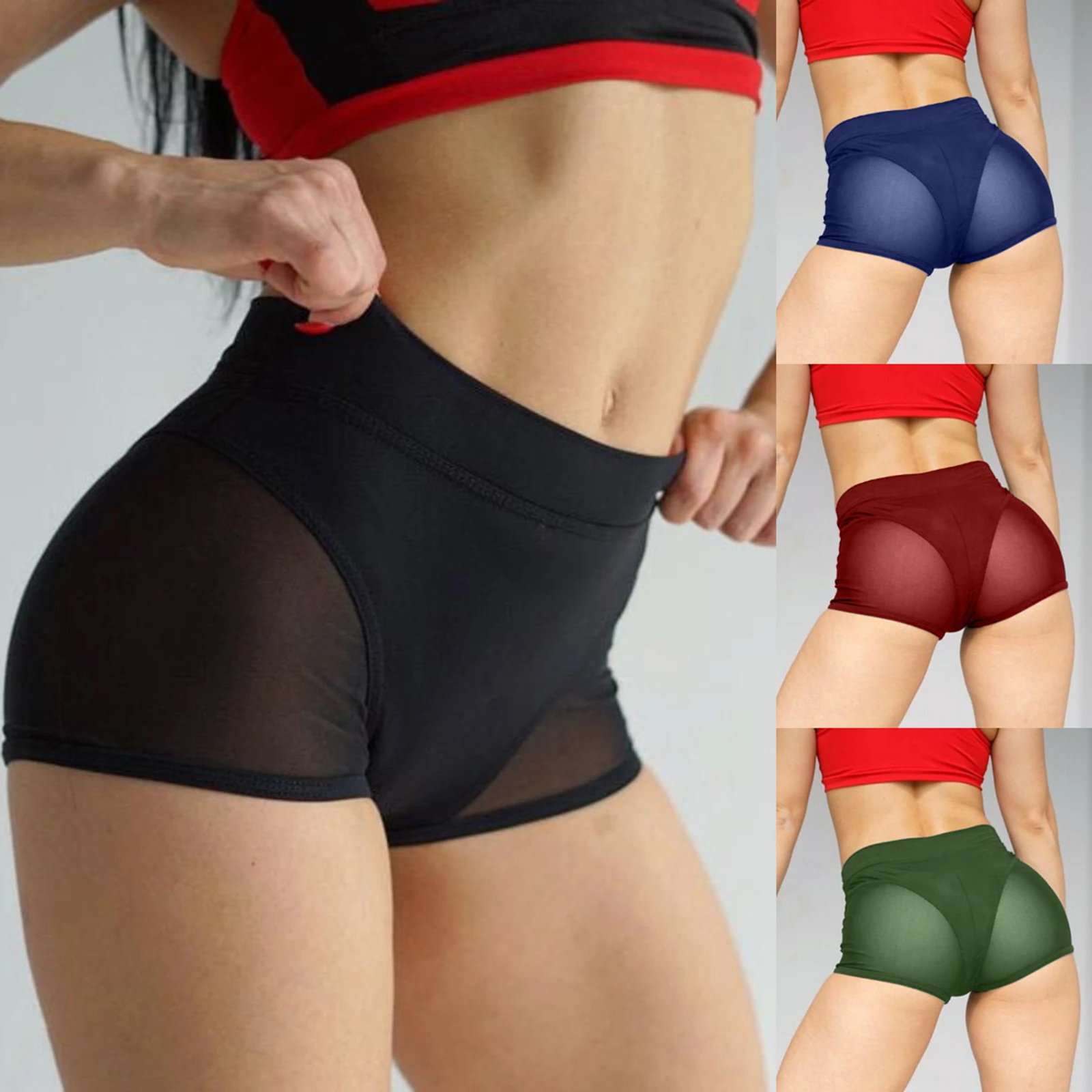 Women Sexy High Waist Workout Fitness Shorts Female Cheer Booty Dance Shorts See-through Mesh Patchwork Pole Dancing Clubwear gym shorts