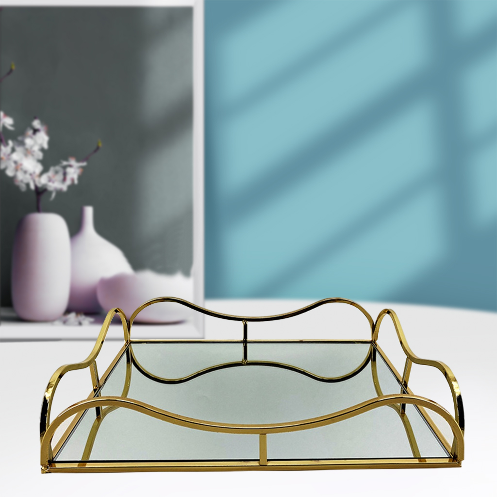 Metal Glass Jewelry Display Plate Geometric Tray Mirror Gold Jewelry Storage Ring Dish Decoration Shelf