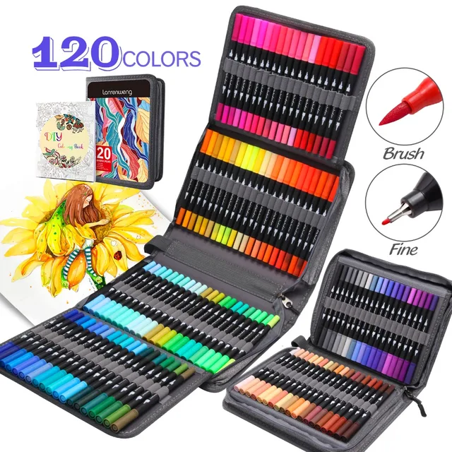 Ohuhu Markers for Adult Coloring Books: 120 Colors Brush Pens Dual Brush  Fine Tip Drawing Pens Water-Based Coloring Markers for Calligraphy Bullet