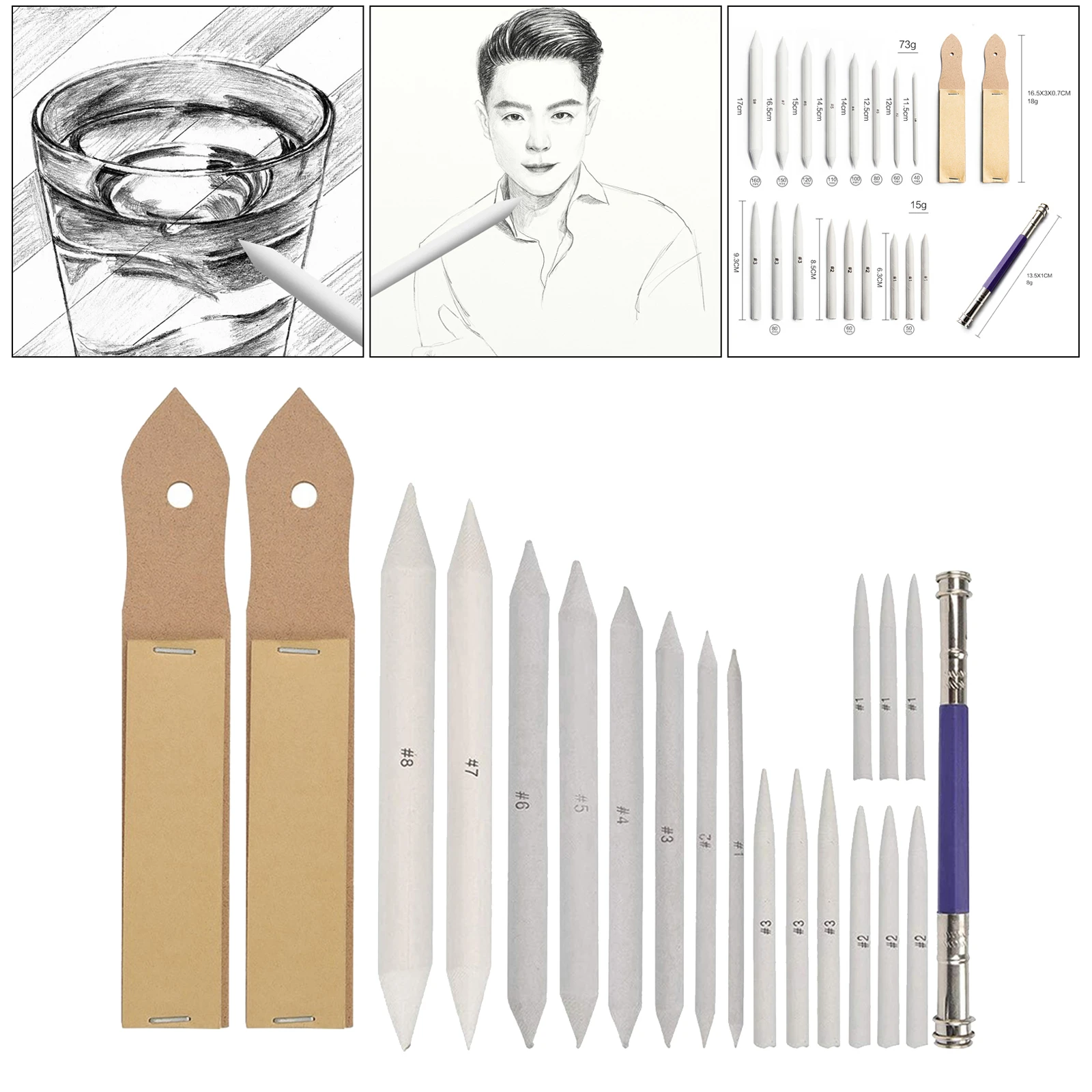 22 Pieces Blending Stumps and Tortillions Set with 2 Sandpaper Pencil Sharpener 1 Pencil Extension Tool and 1 Eraser for Student Sketch Drawing Accessories 