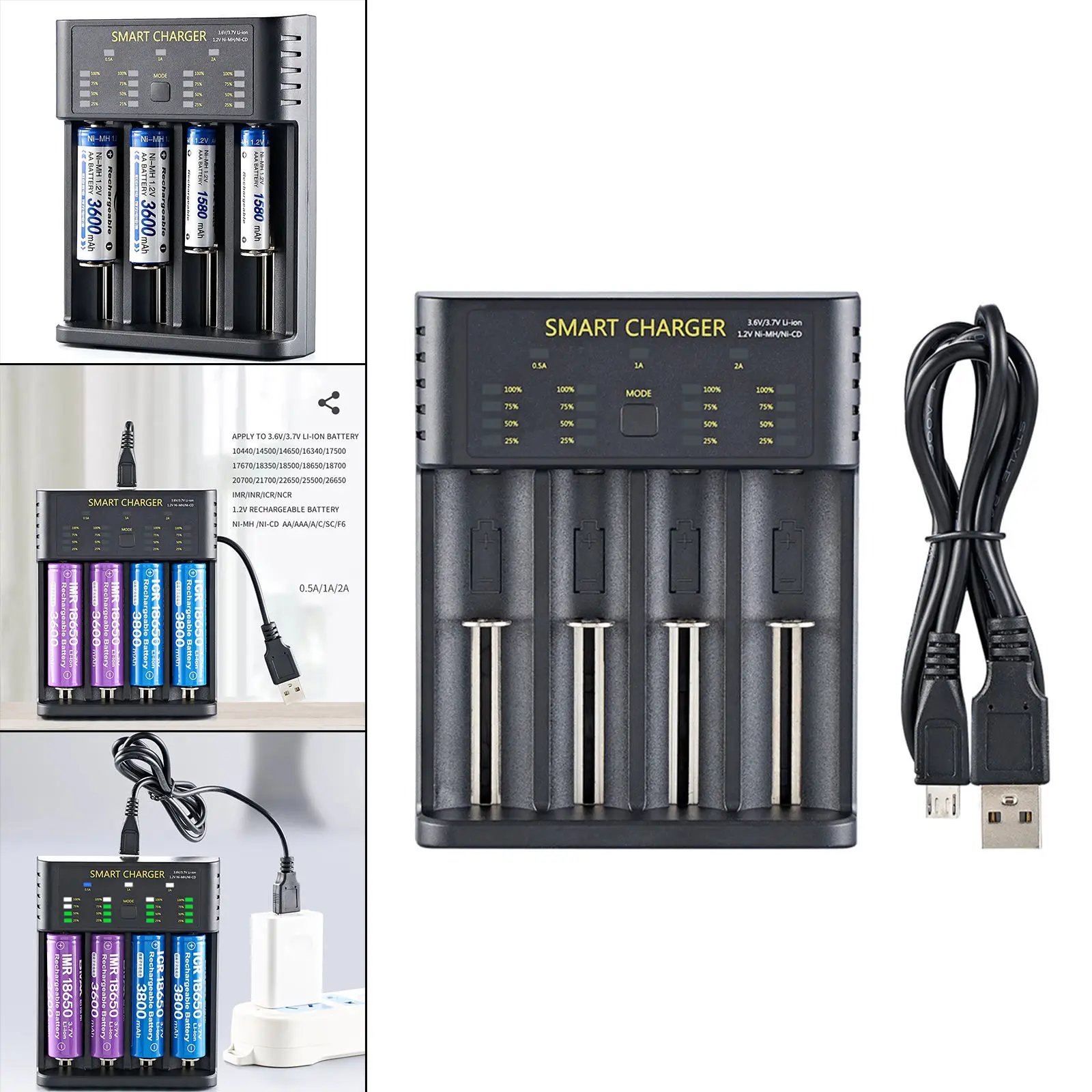 18650 Batteries Charger 4-Slot Independently Plastic USB Cable Black Smart Charger for LI-Ion Batteries 18350 20700 AAA 26650