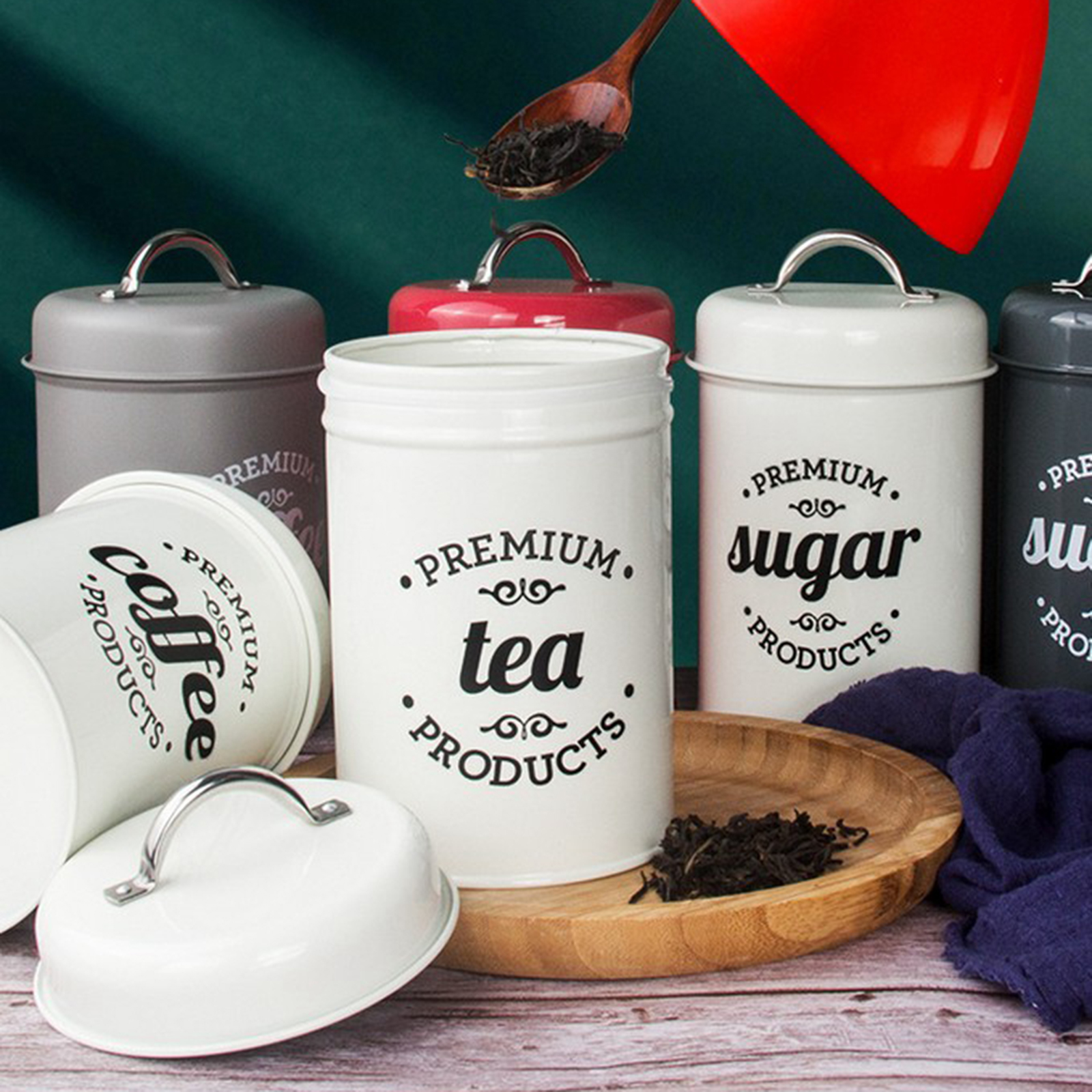 Set of 3 Coffee Tea Sugar Canister Set Metal Kitchen Food Storage Tins Jars with Airtight Lids