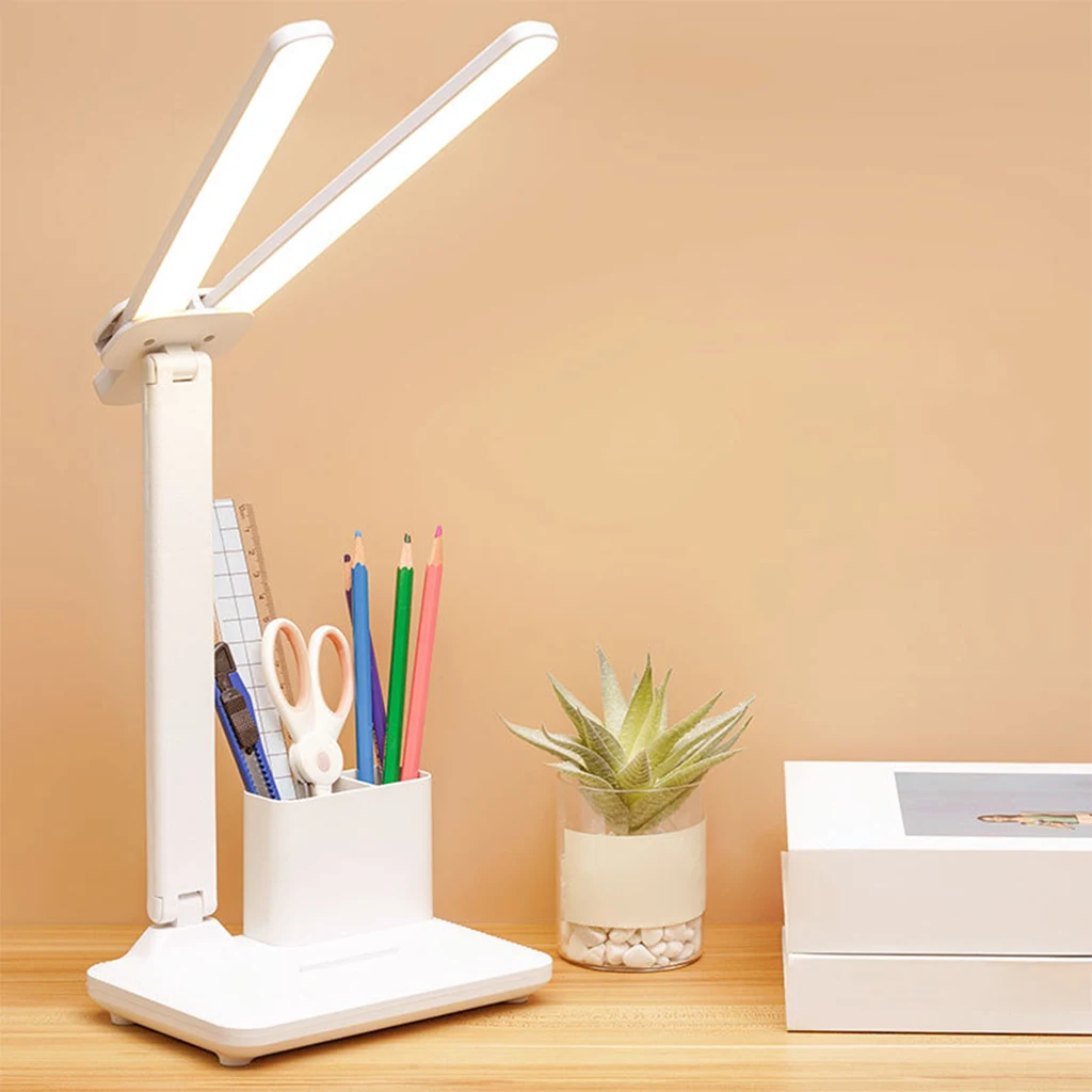Double Head Desk Lamp LED Table Light with Pen Holder Night Eye Caring Dimmable for Bedroom Tabletop Hotel Decor Studying